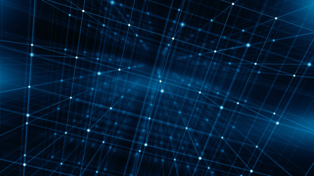 Grand Forks, North Dakota A futuristic blue network grid with intersecting lines, glowing dots, and a sense of motion, symbolizing connectivity and data flow.