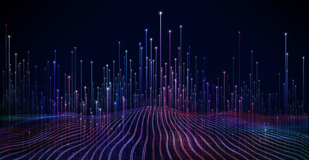 Austin, Texas Colorful and dynamic visualization of data points connected by lines, with a flowing pattern representing data flow in a digital space.