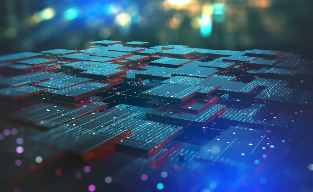 Pecos, Texas 3D rendered image of stacked circuit boards with glowing components, representing a futuristic and advanced technology environment.