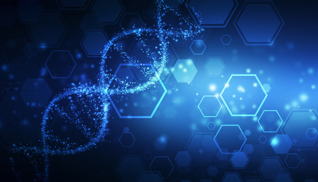 Healthcare A digital representation of a DNA strand with glowing hexagons in a tech-inspired blue color scheme.