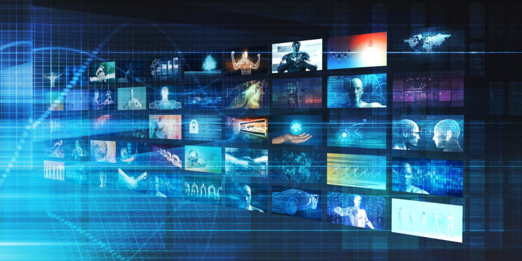 Media & Entertainment Abstract digital grid with flowing lines, graphs, and icons representing data.