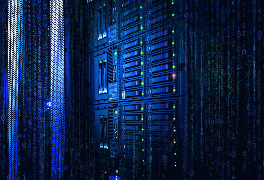 Other Industries 1 Server racks in a data center with binary code overlay and glowing lights.