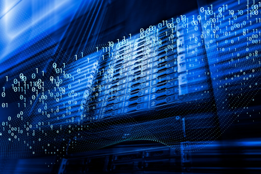 Manufacturing Server racks in a data center, with glowing blue binary code floating in front of them, symbolizing data flow.
