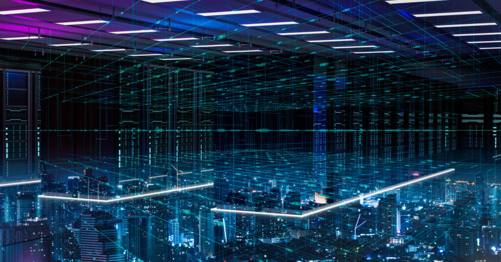 Government 1 A futuristic cityscape with glowing digital lines and cloud icons representing cloud computing and data exchange, set against a dark blue background.