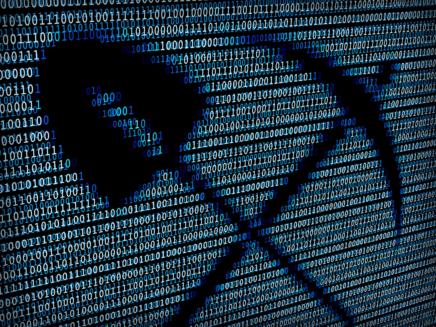 Digital illustration of a shovel and pickaxe icon formed by binary code, symbolizing data mining or cryptocurrency mining.